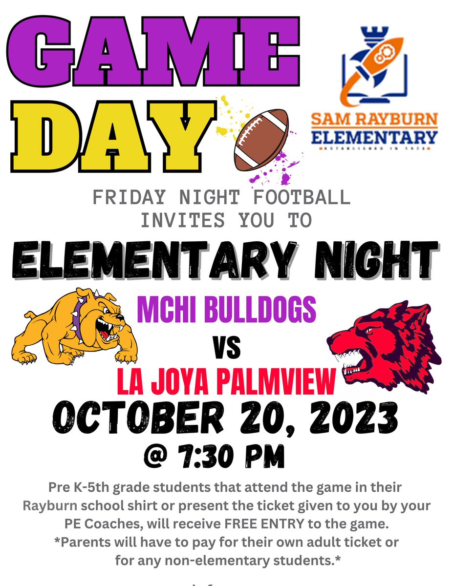 Coach Garcia (@rocketspe) on Twitter photo <a href="/Rockets120/">Rayburn Elementary</a> Get ready for Friday Night Lights this week!
McHi Elementary night October 20, @ 7:30!
Rayburn students get in Free with any Rayburn shirt
Go Rockets! 🚀
Parents you can get your tickets here ⬇️
events.ticketspicket.com/agency/8db1129… <a href="/Rockets120/">Rayburn Elementary</a> Get ready for Friday Night Lights this week!
McHi Elementary night October 20, @ 7:30!
Rayburn students get in Free with any Rayburn shirt
Go Rockets! 🚀
Parents you can get your tickets here ⬇️
events.ticketspicket.com/agency/8db1129…