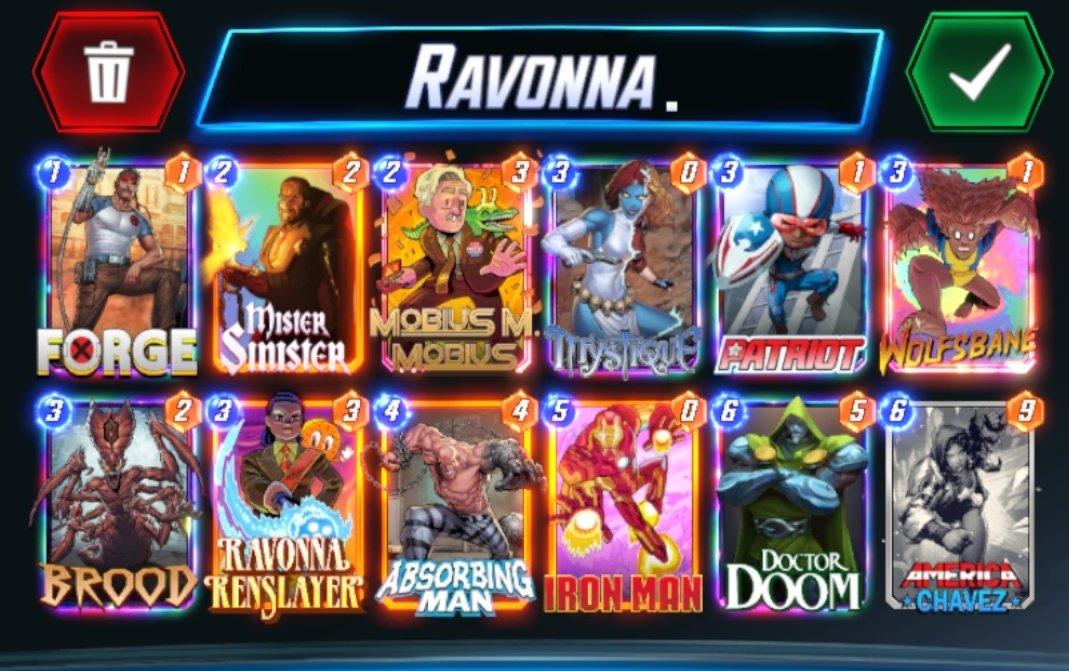 Robust_Crust13's tweet photo. @ACozyGamer @MARVELSNAP Not really a "new" combo but establish a buncha bodies early so that ravonna discounts allow a T6Iron man+mystique to be worth a lot of power. Plus the discounts make it fun to determine what play path to take, including not playing ravonna earlier in favor of Doom or Chavez T6. https://t.co/zbvkfYcVMR
