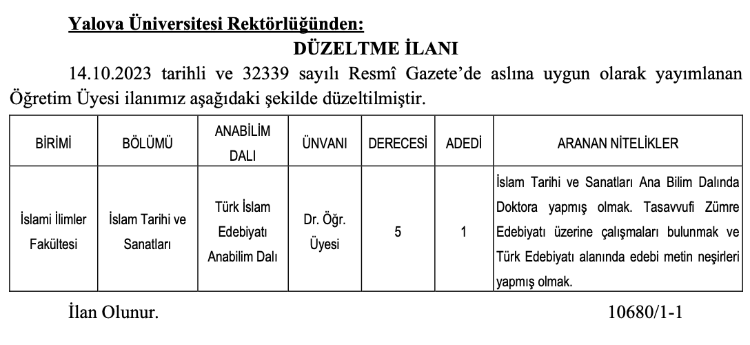 Yalova Üniversitesi Öğretim Üyesi Alım İlanı (Düzeltme)