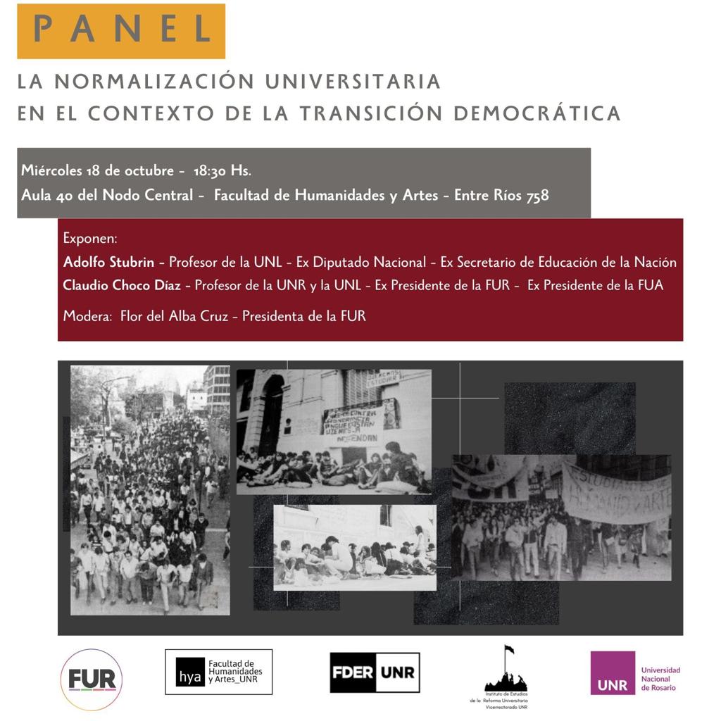 DerechoUNR's tweet photo. 🏛️🟪 #PanelDebate "LA NORMALIZACIÓN UNIVERSITARIA EN EL CONTEXTO DE LA TRANSICIÓN DEMOCRÁTICA"
📌 #Miércoles 18 de octubre, a las 18:30hs
🏛️ Aula 40 del Nodo Central - Facultad de Humanidades y Artes (Entre Ríos 758)
👇 https://t.co/PvFCZZJidO