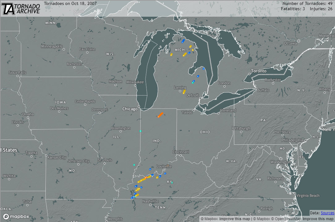 #OTDwx: October 18, 2007

Injuries: 26
Fatalities: 3

A tornado outbreak struck portions of the Ohio Valley on this day in 2007. A total of 49 tornadoes touched down, with the strongest being two EF-3 tornadoes in Kentucky and Indiana.

Sources: AP Imagery and Tornado Archive