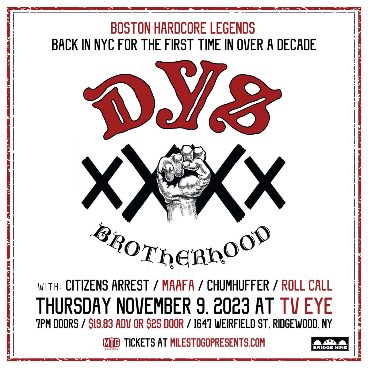 Happy #EdgeDay Celebrate by getting tix to #DYS as they come back to #nyc in hype of the 40th anniversary of their album #brotherhood 

tveyenyc.com/seetickets-eve…

#straightedge #hardcore #hardcorepunk #punk #truetilldeath #bridge9board