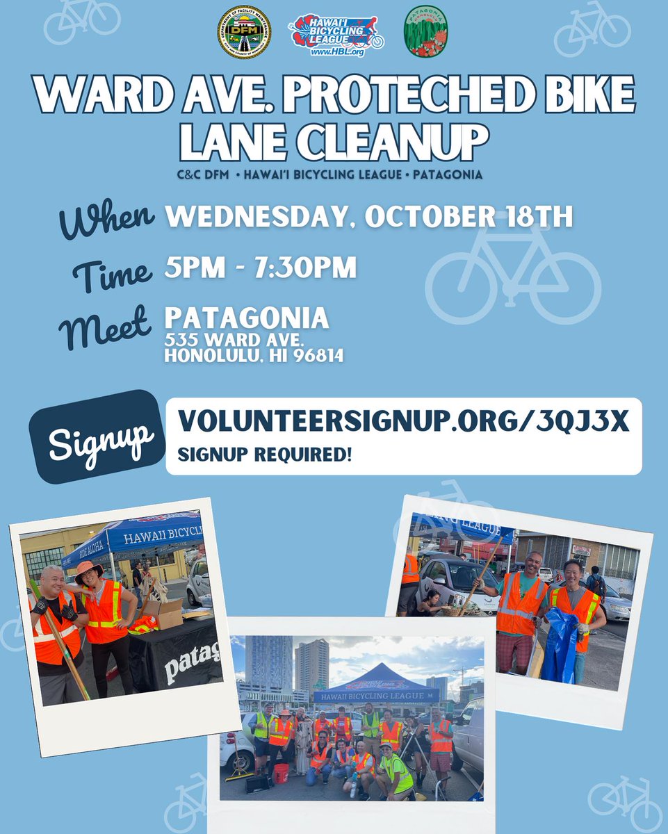 Help make #Honolulu a nicer place to bike! @hblridealoha is hosting a bike clean up tomorrow on Ward Ave. Sign up here: volunteersignup.org/3QJ3X