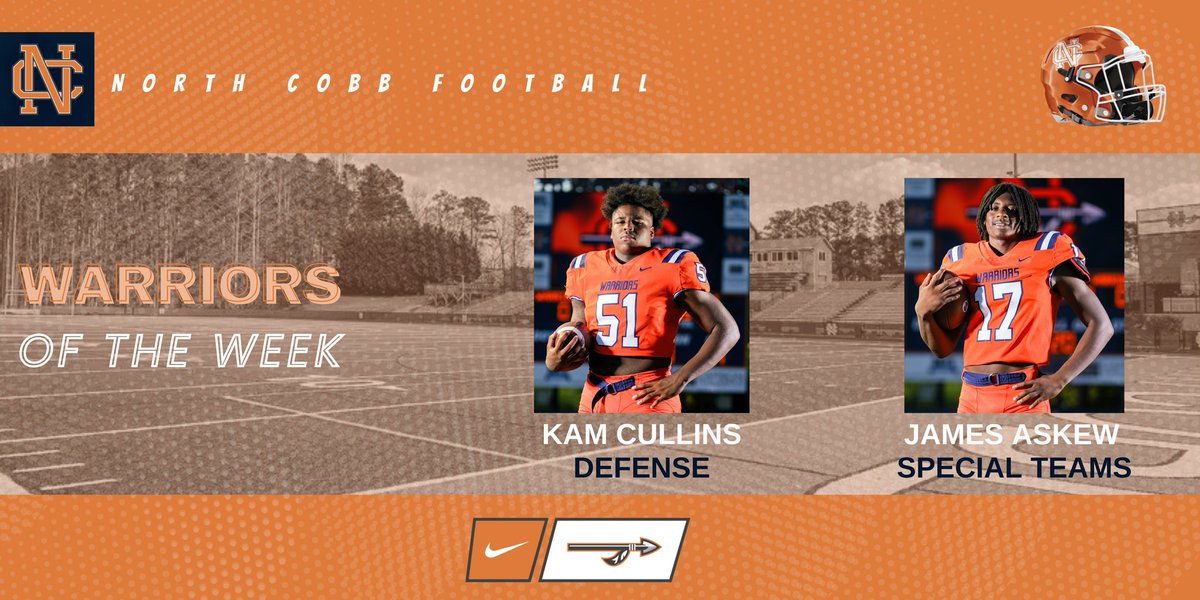 North Cobb Warriors Football (@ncwarriorsfb) on Twitter photo Congrats to <a href="/KamronCullins/">ᴋᴀᴍʀᴏɴ "ᴋᴀᴍ" ᴄᴜʟʟɪɴs ✞</a> <a href="/jaskew109/">James Askew</a> for being Players of the Week in 63-27 win over Wheeler! <a href="/nchswarriors/">North Cobb Athletics</a> <a href="/northcobbOLine/">NC Warriors OL</a> <a href="/NCHSrecruit/">North Cobb HS Recruiting</a> Congrats to <a href="/KamronCullins/">ᴋᴀᴍʀᴏɴ "ᴋᴀᴍ" ᴄᴜʟʟɪɴs ✞</a> <a href="/jaskew109/">James Askew</a> for being Players of the Week in 63-27 win over Wheeler! <a href="/nchswarriors/">North Cobb Athletics</a> <a href="/northcobbOLine/">NC Warriors OL</a> <a href="/NCHSrecruit/">North Cobb HS Recruiting</a>
