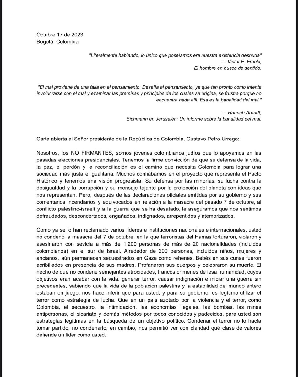 DCoronell's tweet photo. Carta al presidente @petrogustavo de unos jóvenes judíos que votaron por él https://t.co/dqWWxCPw3o