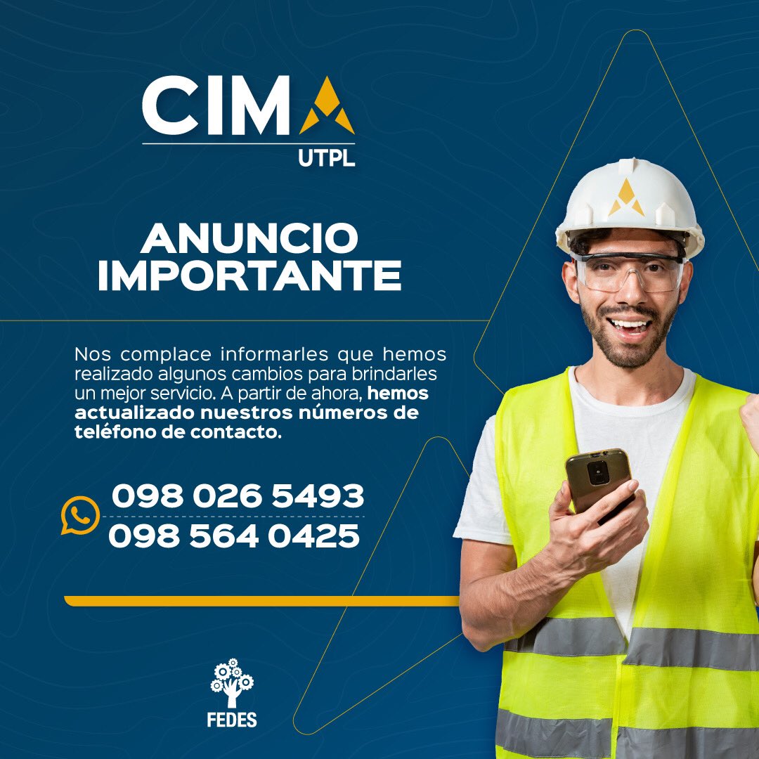 📣ANUNCIO l Nuestros números telefónicos de CIMA UTPL han cambiado. 
📱Actualiza tus contactos y sigue en comunicación con nosotros. Estamos aquí para atender tus consultas y necesidades de manera más ágil y efectiva. 💬📚 

#CIMAUTPL #CambioDeNúmeros #ConéctateConNosotros