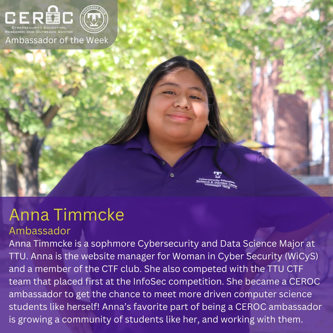 TNTechCEROC's tweet photo. The next student Ambassador we would like to highlight is Anna Timmcke! Read all about her in today's post, and learn more about our team as we continue to highlight them! #tntechceroc #tntech #cybersecurity https://t.co/50p4Y9SKVO