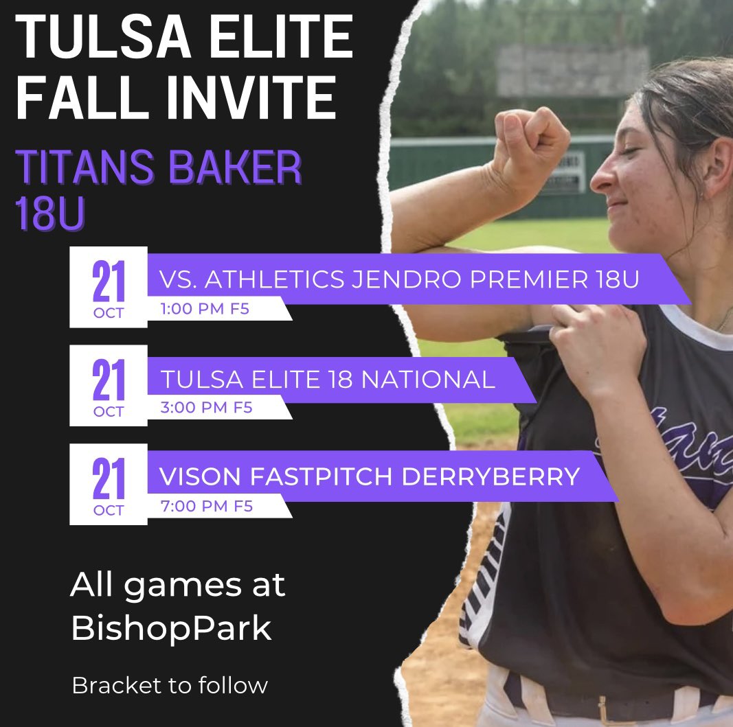 Tulsa Elite Fall Invite Schedule is out! Come check out Titans Baker at Bishop Park in Bryant Arkansas this weekend!
💪💪
