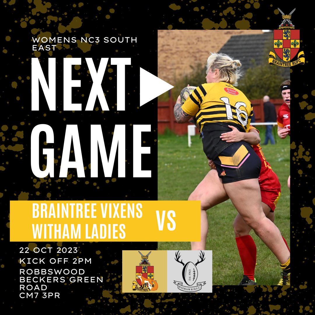 Next Up…

Saturday see’s our 1st XV take on @romfordrugbyclub whilst our 2nd XV head to @halsteadtemplars to see who can get a winning score!
Sunday is the women’s time to shine as they take on local rivals <a href="/withamrugbyclub/">Witham Rugby Club</a> ladies! 

 We hope to see you there 💛🖤