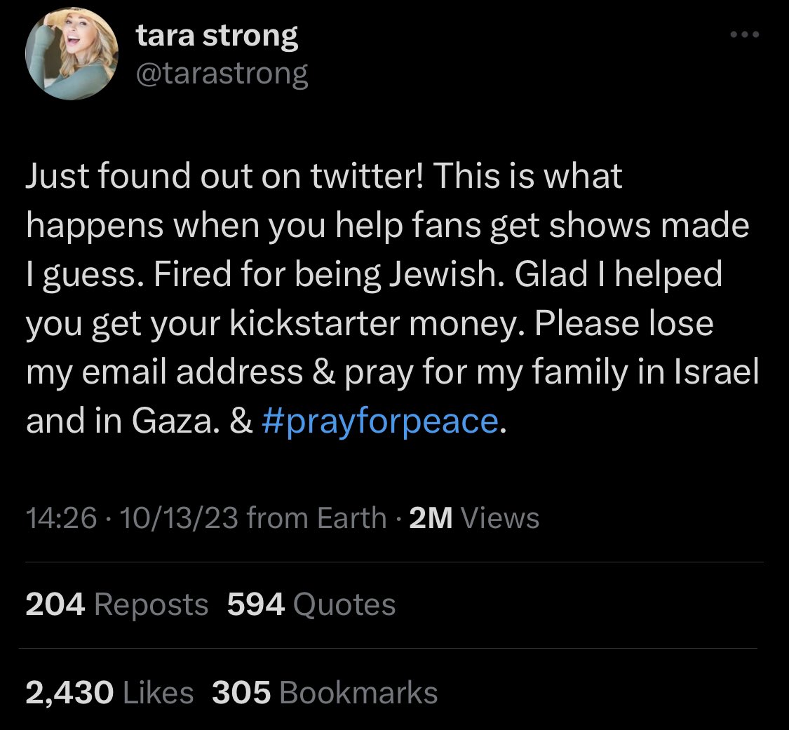 Tara Strong is currently lying about an independent animation studio because she was fired for being blatantly islamaphobic. 

She was ALREADY PAID when they removed her. And she lied saying they fired her for being Jewish. There are multiple Jewish team members currently.
🧵