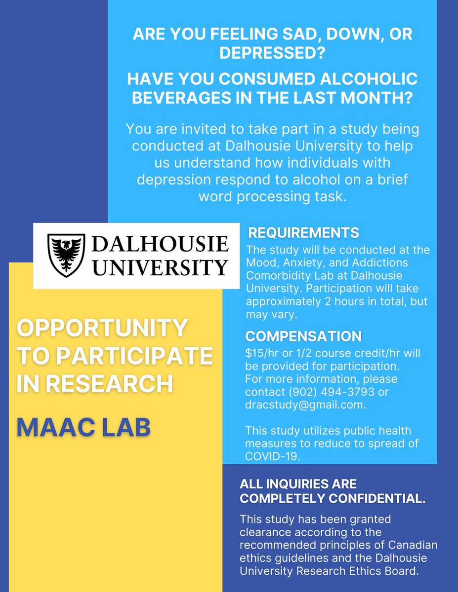 Isabella Bossom, (she/her) (@isabella_bossom) on Twitter photo 👉🏼If you are located in Halifax 📍
👉🏼Feel sad, down, or depressed😔
👉🏼Drank alcohol in the last month🍷
Please consider participating in our research here at Dalhousie University! <a href="/PsychNeuroDal/">Psych & Neuro Dalhousie</a>
Feel free to spread this recruitment notice broadly! 👉🏼If you are located in Halifax 📍
👉🏼Feel sad, down, or depressed😔
👉🏼Drank alcohol in the last month🍷
Please consider participating in our research here at Dalhousie University! <a href="/PsychNeuroDal/">Psych & Neuro Dalhousie</a>
Feel free to spread this recruitment notice broadly!