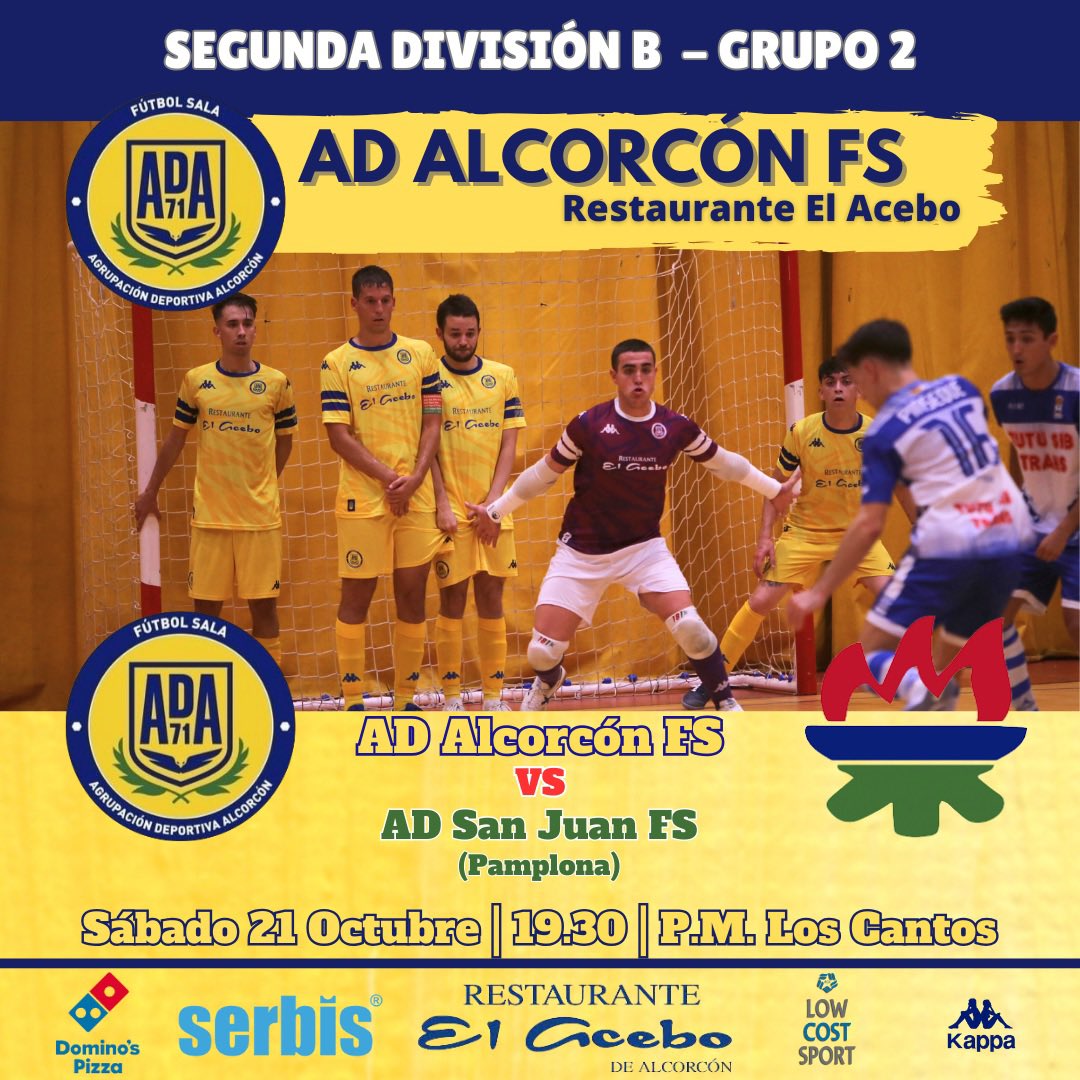 | PRIMER EQUIPO |

El #PrimerEquipo vuelve a Los Cantos !!

Nuestros chicos quieren volver a la senda de la victoria tras la derrota de la semana pasada 

📅 Sábado 21 Octubre
🆚 <a href="/ADSanJuanFS/">AD San Juan Futbol Sala</a> 
⌚️ 19:30
🏟️ PM Los Cantos 
🎟️ 4€

#123alcorcón 
#ConelCorazónenlaPista 💛