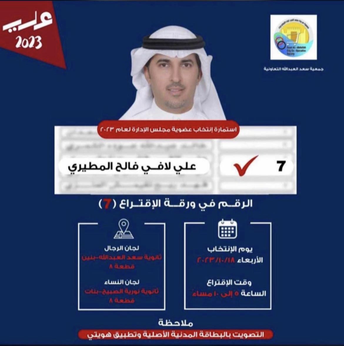 المعرفه والإلمام بواجبات العمل التعاوني والإدراك بمسؤوليات اعضاء مجلس الإدارة لاحتياجات المساهمين اولى مقومات اختيار أعضاءها..
واعتقد ان م. علي لافي المطيري احد الكفاءات التي حققت النجاح فيما يطرحه من رؤيه ومعرفه لاحتياجات المساهمين في  #جمعية_سعد_العبدالله
<a href="/Ali_lafi_/">م. علي لافي المطيري</a>