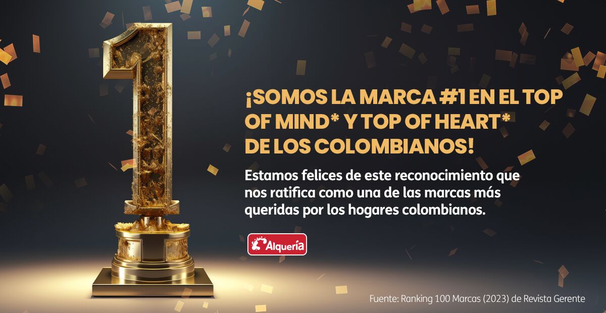 Qué felicidad saber que <a href="/AlqueriaOficial/">AlqueriaOficial</a> es la marca de leche líquida #1 en el Top Of Mind y Top of Heart de los colombianos, según <a href="/RevistaGerente_/">Revista Gerente</a>. Recibimos este reconocimiento con el compromiso de seguir nutriendo el futuro del país con productos de calidad. #YoSoyFanAlquería