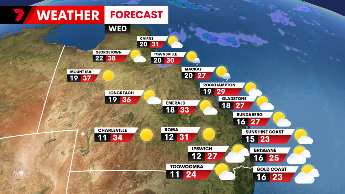 Your Wednesday forecast..

Cloud thickening up this afternoon in the southeast.

The odd light shower on the Central and Herbert and Burdekin coasts.