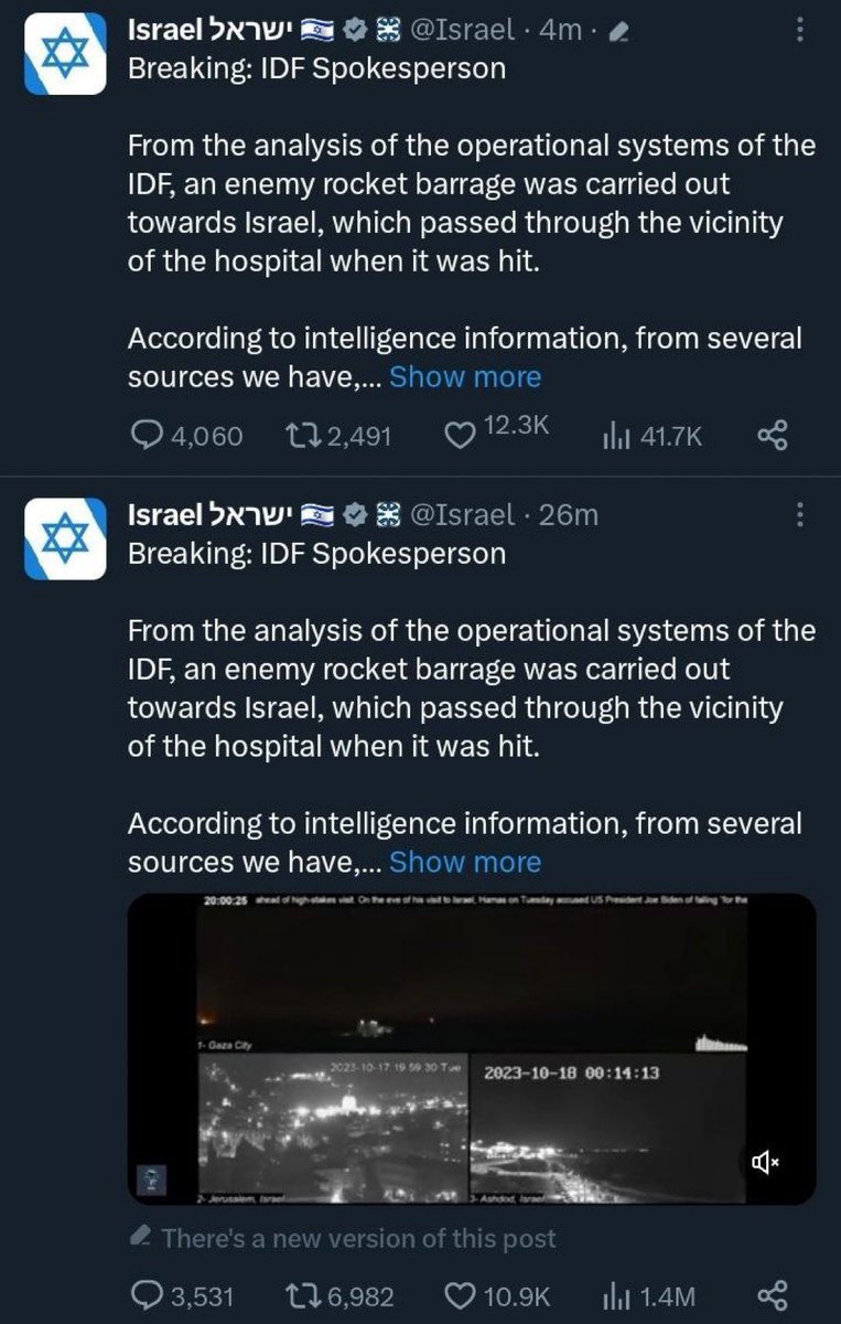 DaniMayakovski's tweet photo. El apartheid sionista en su cuenta oficial pillado mintiendo, pusieron un video de un "supuesto fallo de misiles de Hamás" con fecha del 18 de octubre... cuando el bombardeó ocurrió a las 18:20 del dia 17 de octubre.

Cuando fueron pillados, han actualizado el tuit y han quitado el video.