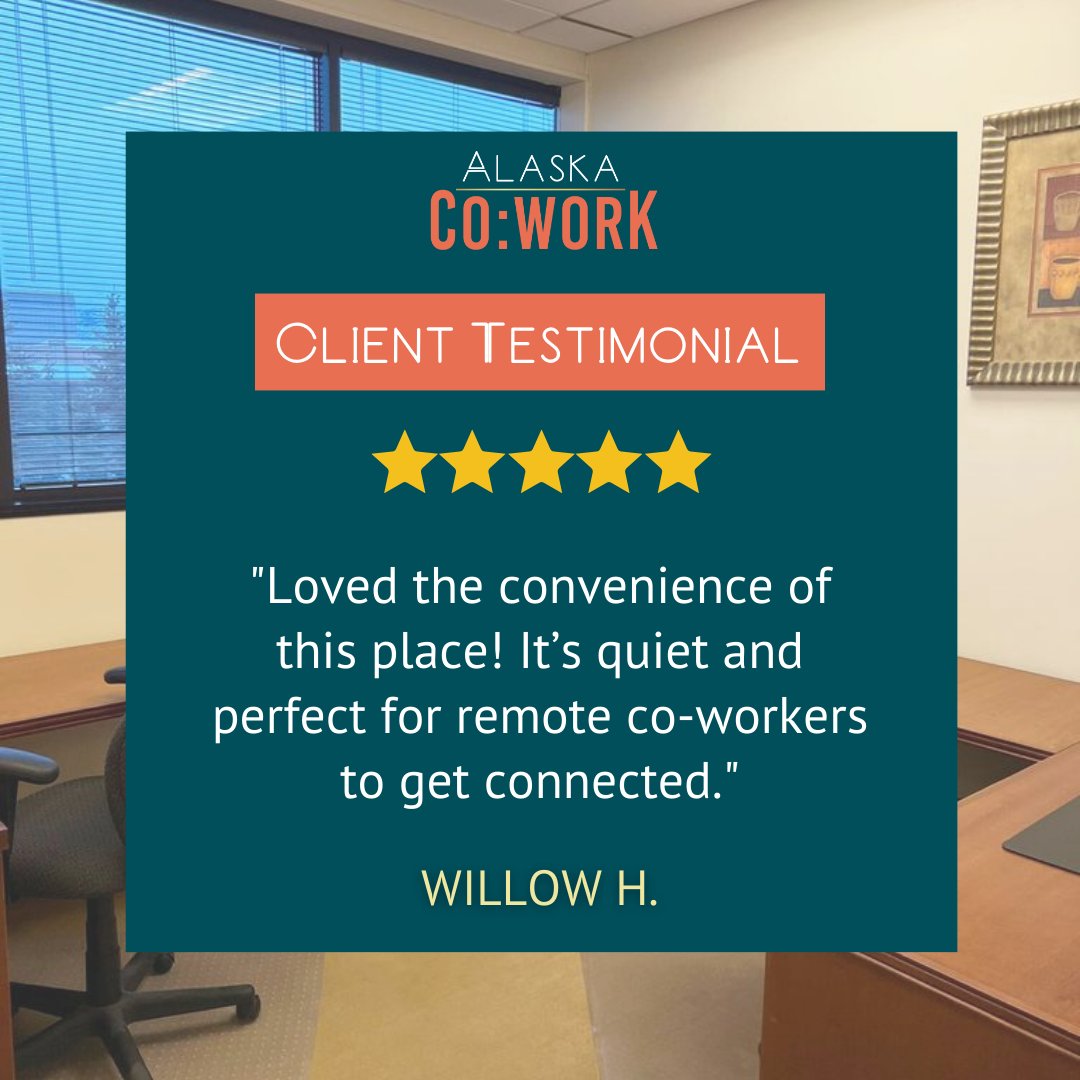 alaskacowork's tweet image. Big shoutout to Willow for making Alaska Co:Work their remote work HQ! We love seeing your productivity soar in our coworking space. Thank you for choosing us! 🙌💼💡 #RemoteWorkWin #ProductivityBoost #AlaskaCoWork #CoworkingCommunity #AnchorageLife #BuyAlaska #WorkSmart