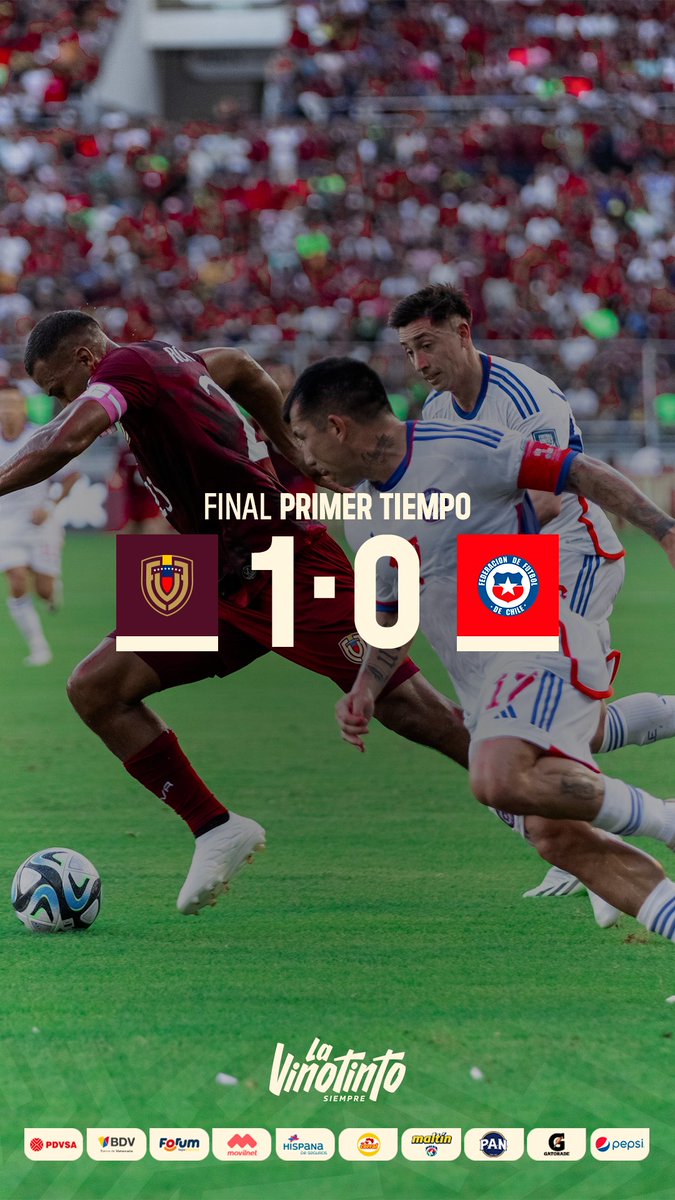 SeleVinotinto's tweet photo. ⏱️ 45+3' - ¡Finaliza el primer tiempo en Maturín! 

Venezuela 1-0 Chile

⚽ Yerferson Soteldo - 45+2'

#SiempreVinotinto 🇻🇪 https://t.co/8xk0uWUmVV