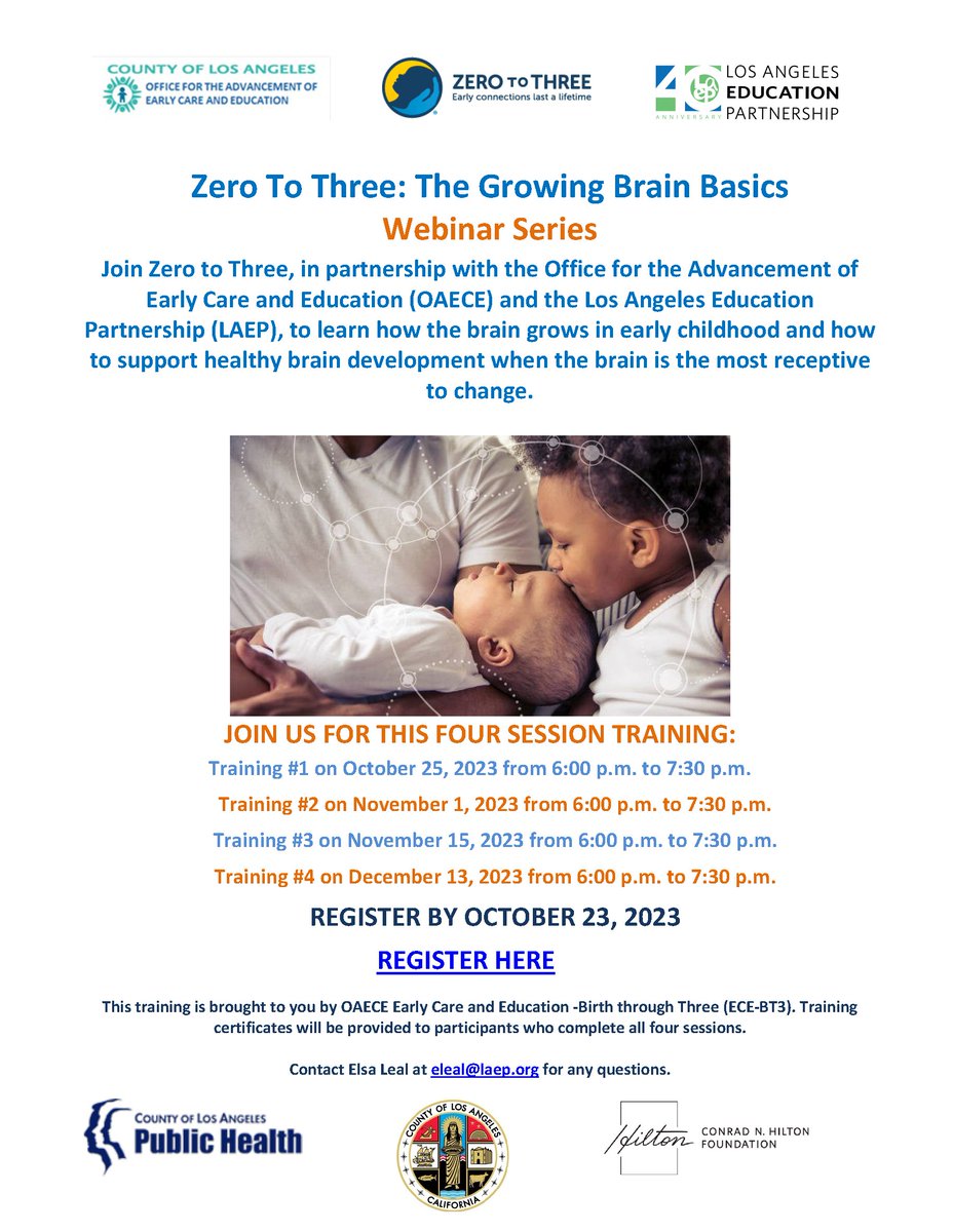 PartnerwithLAEP's tweet image. Attention, Infant and Toddler Educators! Join us for a free training series in partnership with Zero to Three, OAECE, and LAEP! Starts Oct. 25. 

Register now: caregistry.org/index.cfm?modu…

#BrainBasics #ChildDevelopment #ProfessionalDevelopment #EarlyEducation #InfantandToddlerCare