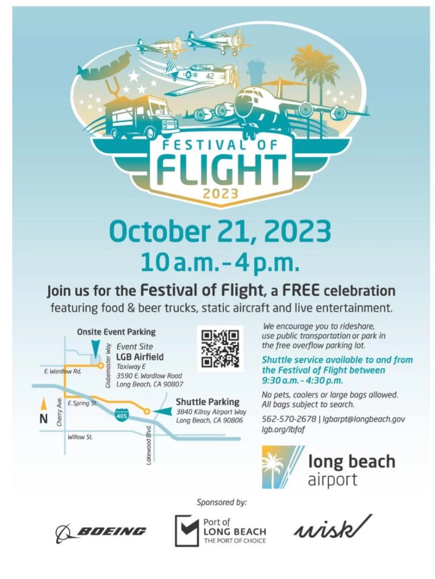 Long Beach Special Events and Filming (@lbspecialevents) on Twitter photo ✈️ <a href="/LGBAirport/">Long Beach Airport</a>'s Festival of Flight Returns this Saturday, Oct 21st, with a FREE celebration featuring over 40 aircraft on static display, food trucks & live performances.
🅿️ Parking: The intersection of E Wardlow & Globemaster Way at 3590 East Wardlow.
longbeach.gov/lgb/community-… ✈️ <a href="/LGBAirport/">Long Beach Airport</a>'s Festival of Flight Returns this Saturday, Oct 21st, with a FREE celebration featuring over 40 aircraft on static display, food trucks & live performances.
🅿️ Parking: The intersection of E Wardlow & Globemaster Way at 3590 East Wardlow.
longbeach.gov/lgb/community-…