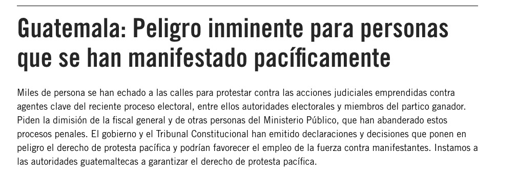 🚨 Amnistía Internacional emite #AcciónUrgente para exigirle al presidente @DrGiammattei que respete y garantice los #Derechos de las personas que manifiestan pacíficamente en #Guatemala. #ProtejamoslaProtesta 📢🤝
