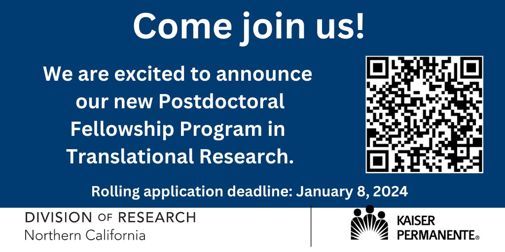 Exciting news! We have a new #multidisciplinary #postdoc #fellowship led by @LyndsayAAvalos and @PaolaGilsanz focused on #epi #intervention, #healthcare evaluation & improvement research within @kpnorcal's integrated health care delivery system. More: ibit.ly/WHPPR