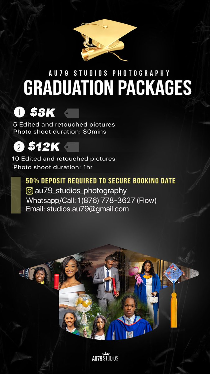 layne_michael79's tweet photo. Let us celebrate your achievement together 🥳
AU79 STUDIOS Photography is here to help you bring your photo concepts to life. 👨🏽🎓Graduation packages now available, booking us today ‼️
#goldstandard #graduation🎓 #au79 #au79studios #fyp #kingston #jamaicanphotographer https://t.co/5BZeYTonBj