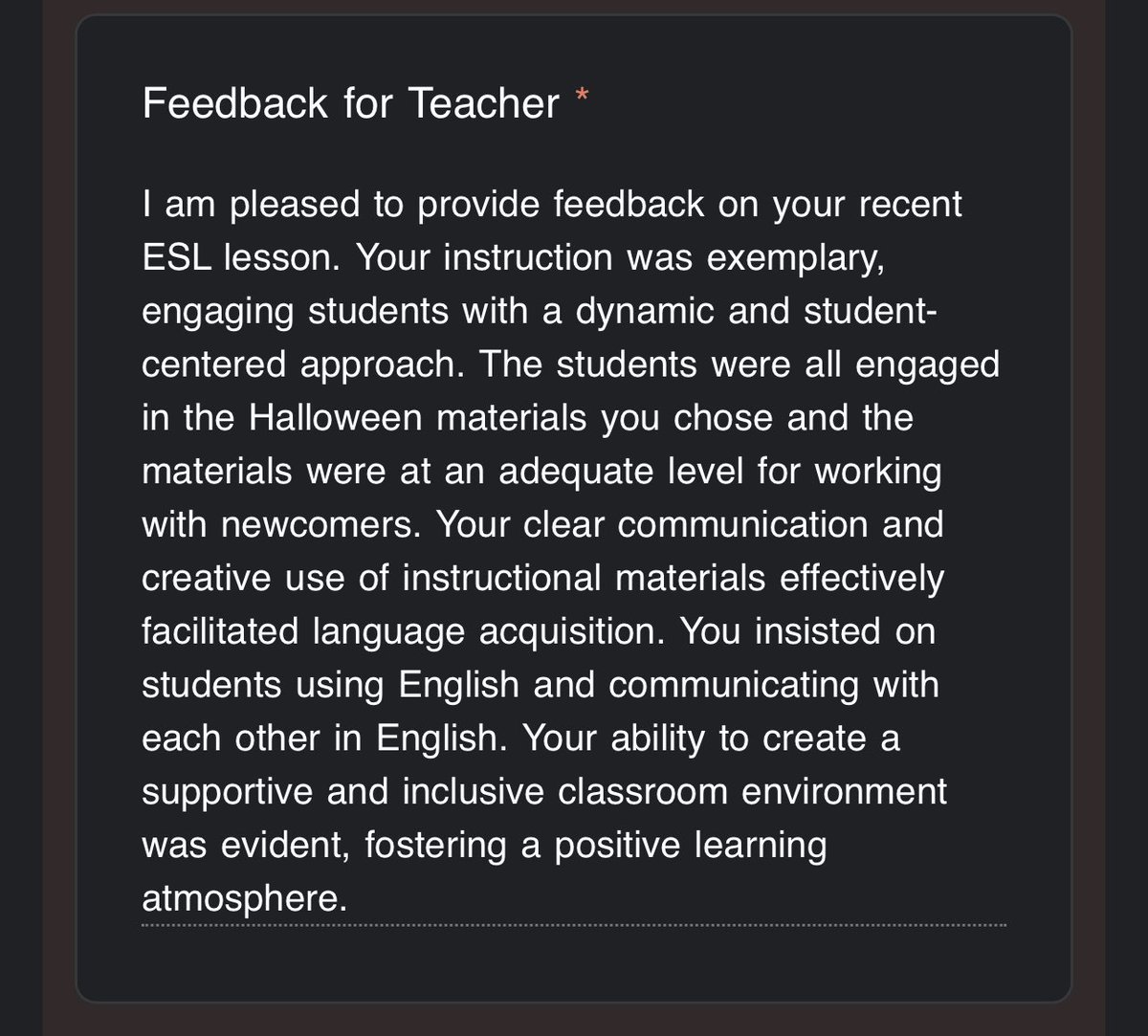 Just received amazing feedback on my last walkthrough. Putting the kids first is my top priority, and I'm thrilled that my passion and dedication to their learning shines through! 📚👨‍🏫 #EducationMatters #PassionForTeaching #futureadministrator