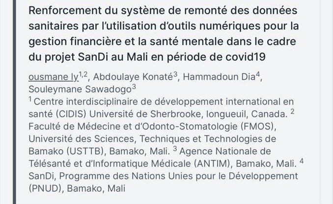 Bravo au Dr <a href="/LyOussouly/">ousmane ly</a> pour la présentation de notre article sur #SanDi à la conférence  canadienne de santé mondiale 
<a href="/PNUDMALI/">PNUD MALI</a> 
<a href="/CIDIS/">Aparecida Couto</a>
<a href="/UdS/">Udanie Salgado</a>
<a href="/Msds/">MSDS</a>
<a href="/maleye_diop/">Maleye Diop</a> 
<a href="/rolandserry/">Roland SERRY</a> 
<a href="/ba_yahyamadou/">Yahya Amadou Ba</a> 
#DigitalHealth
#ODD3