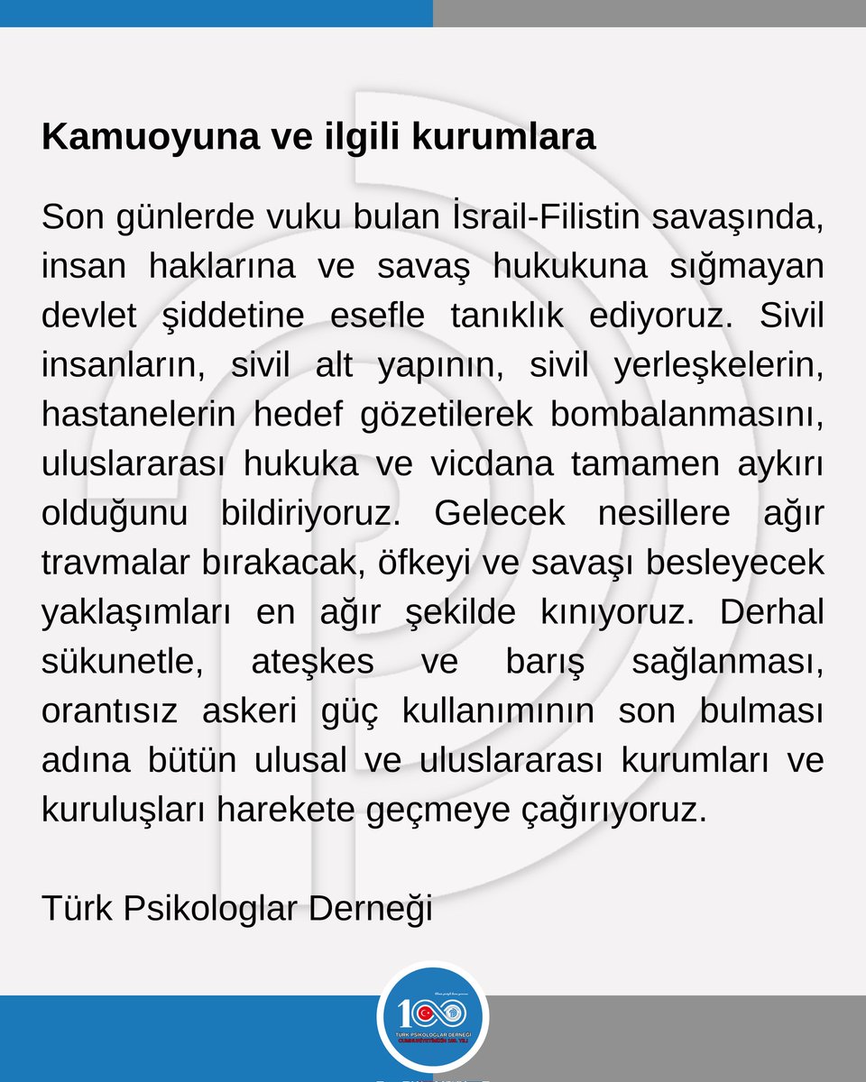 Kamuoyuna ve ilgili kurumlara,
Son günlerde vuku bulan İsrail-Filistin savaşında, insan haklarına ve savaş hukukuna sığmayan devlet şiddetine esefle tanıklık ediyoruz. 
(1)