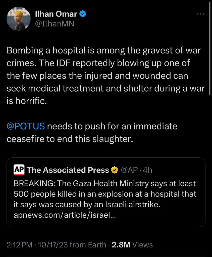 Dapper_Det's tweet photo. Remember the time two sitting members of the U.S. Congress @RashidaTlaib &amp; @IlhanMN said that Israel blew up a hospital in #Gaza?

But it was #Hamas terrorists that did it—and neither of them would condemn the bombing?

#ResignTlaib #ResignOmar #HamasWarCrimes #StandWithIsrael https://t.co/O5SaGF6Fxy
