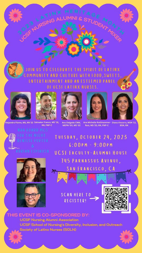 Join #UCSF Nursing Alumni Assoc. @UCSF_Alumni, @SolNurses & the Office of Diversity, Inclusion & Outreach for a #LatinxHeritageMonth . The event will feature food, music & a panel of SON alumni who will share their perspectives as leader in their fields ucsf.regfox.com/2023-latinx-he…