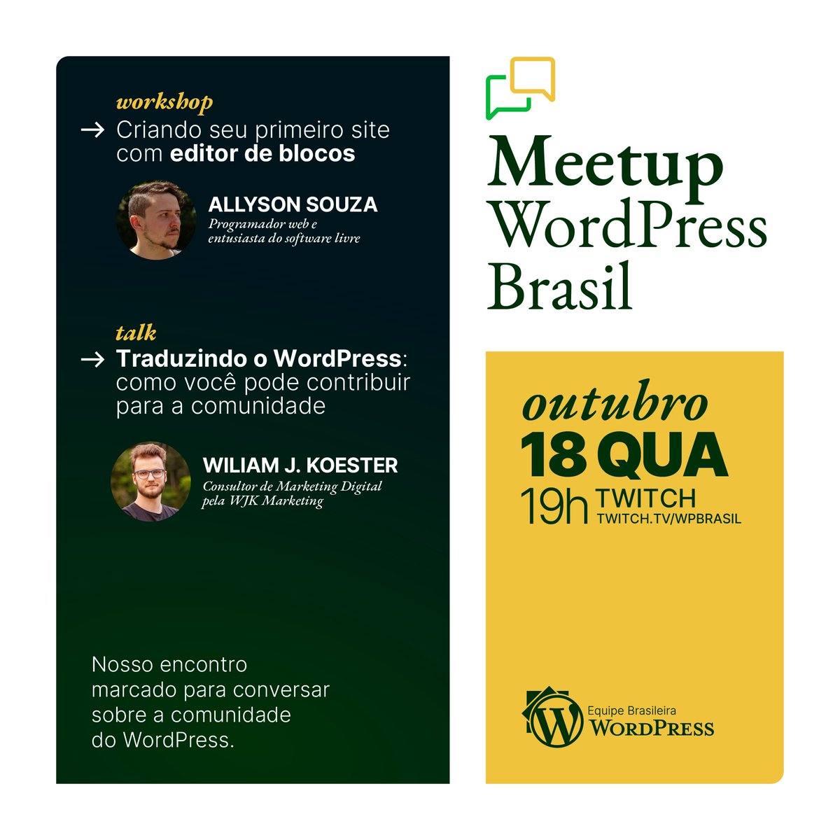 Comunidade WP Brasil organiza o primeiro Meetup WP online! Evento gratuito pela Twitch, dia 18/10 a partir das 19h.
Neste encontro, @allyson_as vai falar sobre criação de sites com o editor de blocos e o <a href="/wiliamjk/">Wiliam Koester</a> sobre tradução no WordPress. Saiba mais: br.wordpress.org/2023/10/16/par…