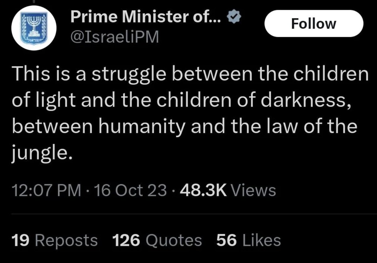 Hoy Netanyahu publicaba este tuit: 'Esto es una lucha entre los hijos de la luz y los hijos de la oscuridad, entre la humanidad y la ley de la jungla'. Por entonces ya había asesinado a 1000 niños de la oscuridad y la selva. A eso es a lo que llama 'humanidad' este genocida.