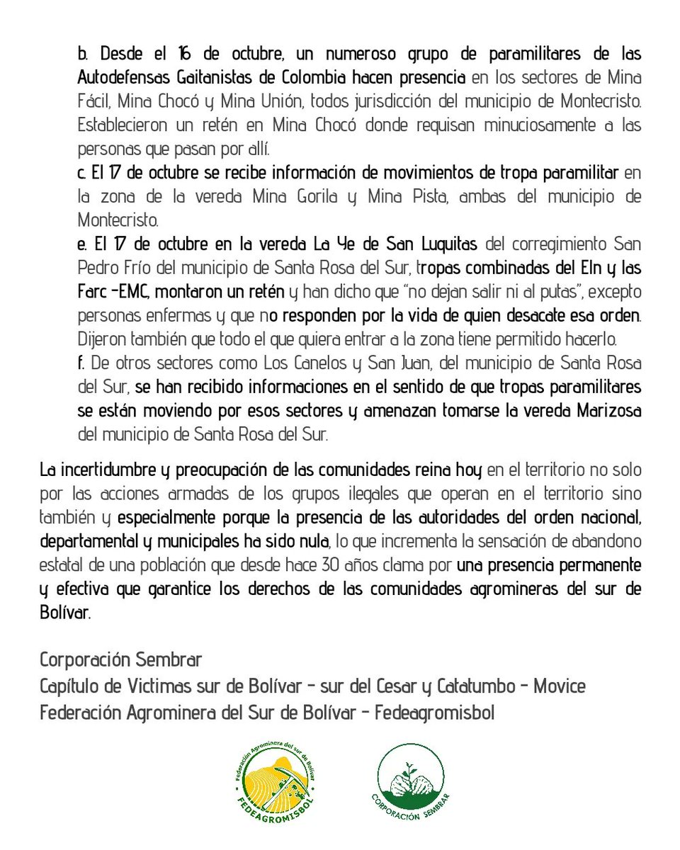 Continúa el confinamiento y el temor en las comunidades del #SurdeBolivar, mientras todas las instituciones gubernamentales hacen oídos sordos a las peticiones de ayuda humanitaria y protección de los derechos.