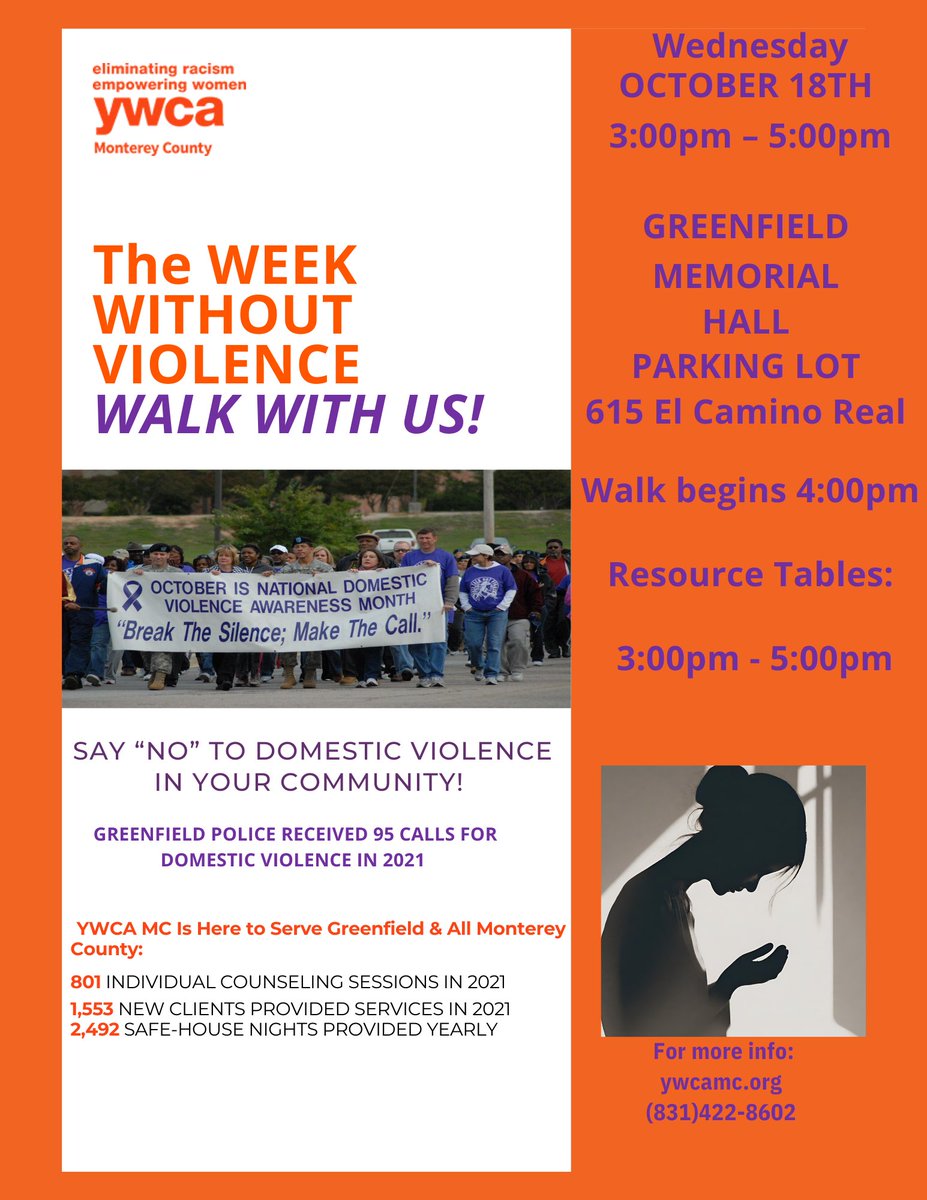 YWCA- The week without violence, WALK WITH US! Join us as we all walk together against Domestic Violence TOMORROW, October 18, 2023 @ 3PM (Greenfield Memorial Hall).
#allmeansall #GreenfieldGuarantee #ProudToBeGUSD
#CultivateCuriosity
#trustandinspire
#trustandgrow #gusdreaders