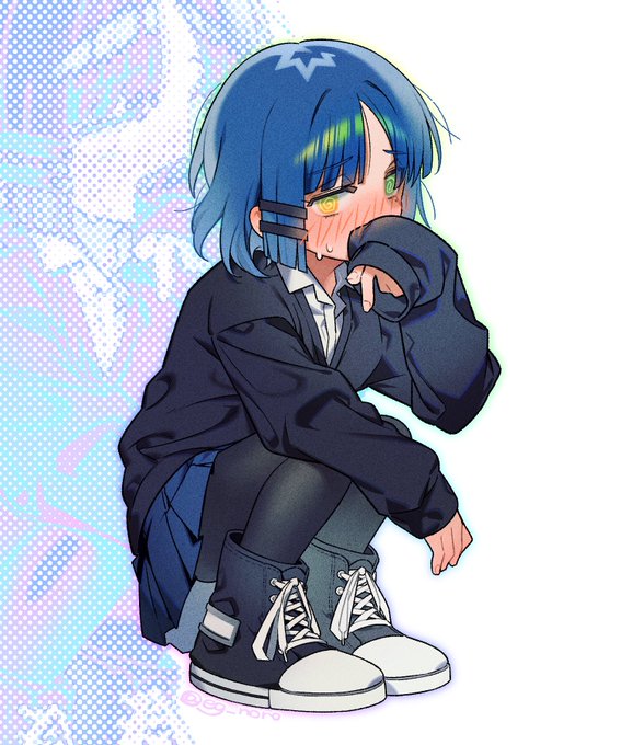 「blue hair covering mouth」 illustration images(Latest)