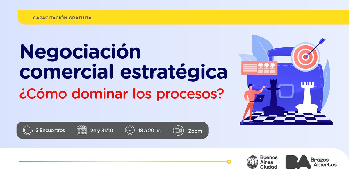 🤝 ¡Sumate a la capacitación virtual y gratuita “Negociación comercial estratégica”! Aprovechá esta oportunidad para ver cómo dominar los procesos de negociación y manejar negociaciones complejas.

📆 24 y 31/10, de 18 a 20 hs.

✍️ Anotate en bit.ly/NegociacionCom…