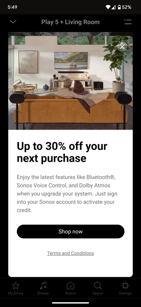 JTOW512's tweet photo. @Sonos be a service or an advertisement. Don't sully my experience controlling my speakers with your advertisements. Shame on you. https://t.co/zHnxGxqWNO