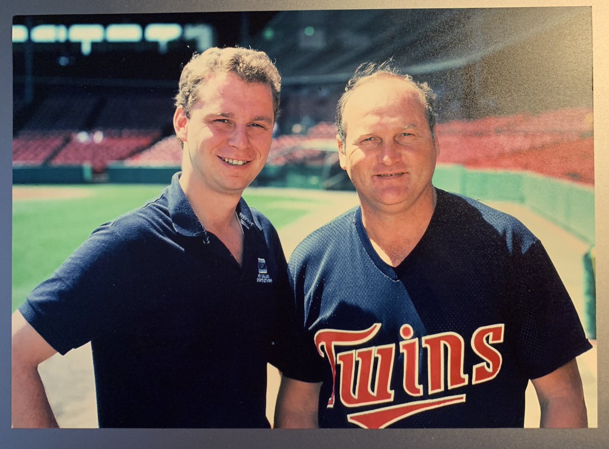 GeorgeFalkowski's tweet photo. It’s a #Twins-themed #FalkowskiFlashback as skinny George hangs with former Twins 3B coach Rick Renick at Fenway Park right around 1988! Rick was waving ‘em home for the ‘87 World Series champs 🌞 Great guy, solid interview! https://t.co/IDShdNae0P