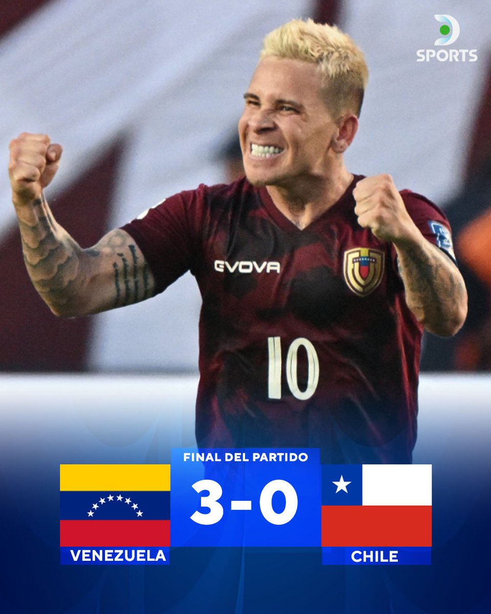 ¡ARRIBA VINOTINTO! 🇻🇪 Venezuela derrotó con contundencia a Chile y se metió en puestos de clasificación mundialista Soteldo (la figura), Rondón y Machís, autores de los goles de la Vinotinto. Expulsado Núñez en Chile #EliminatoriasEnDSPORTS