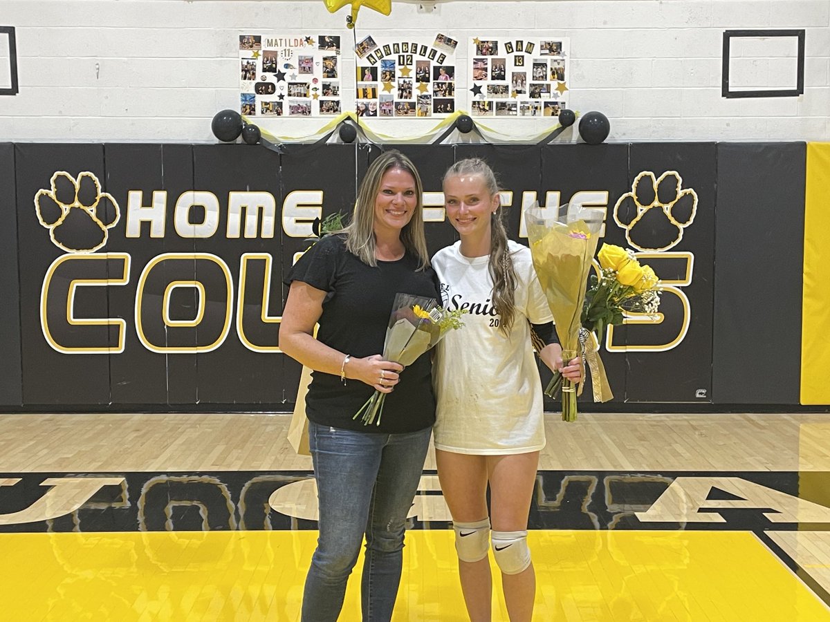 HFLCSDAthletics's tweet photo. Celebrating our ⁦@HflVolleyball⁩ seniors tonight. Thank you Matilda , Annabelle, Camryn and families ! https://t.co/Mu541DExOs
