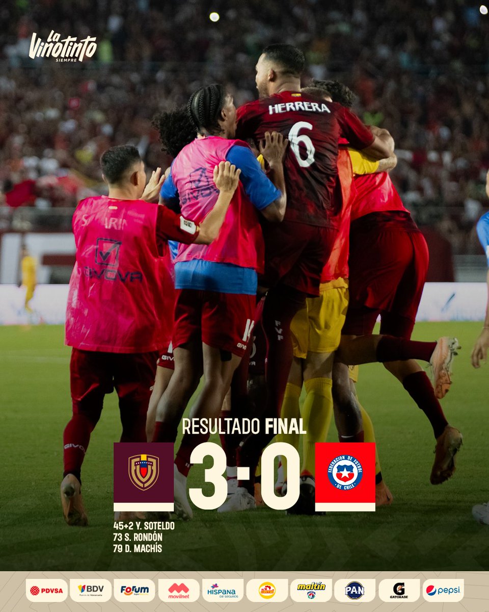 ¡𝐍𝐔𝐄𝐒𝐓𝐑𝐀 𝐅𝐄! 🙏❤️ Venezuela 3-0 Chile ⚽ Yeferson Soteldo - 45+2' ⚽ Salomón Rondón - 73' ⚽ Darwin Machís - 79' #SiempreVinotinto 🇻🇪