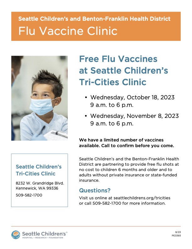 seattlechildren's tweet photo. Seattle Children’s is offering flu vaccines at no cost to children 6 months and older and to adults without private or state-funded insurance. Visit the Tri-Cities Clinic on Wednesday, October 18 and Wednesday, November 8 from 9 a.m. to 6 p.m. to fight flu season together. https://t.co/aEhfvePiul