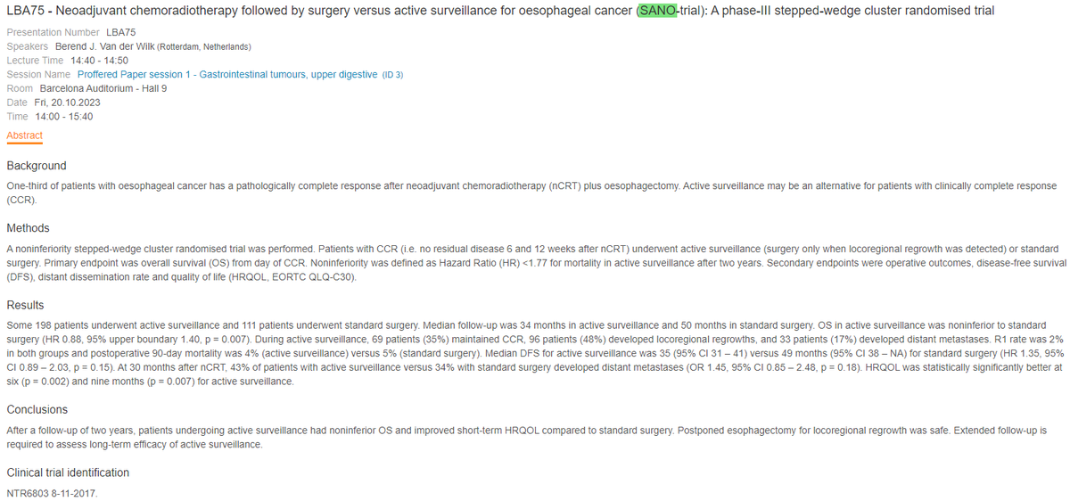 🚨🚨🚨SANO-trial!! Been waiting for this one!

Patients with esophagus ACA with cCR after CRT randomized to active surveillance vs. esophagectomy

✅Non-inferior OS and improved QoL with AS approach!

This is 🔥🔥🔥

Looking forward to manuscript to unpack the details
#ESMO23