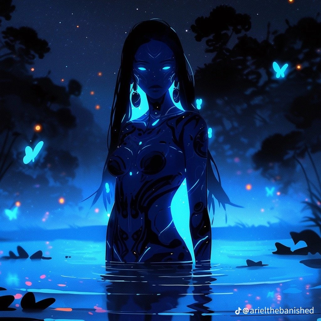 Shebwas walking around her river homw the water cold to others but warm for her as she looked around the patterns on her body glows in the moonlight she was scared abd alone...in a new place

#AlienRP #MVRP #OpenRP