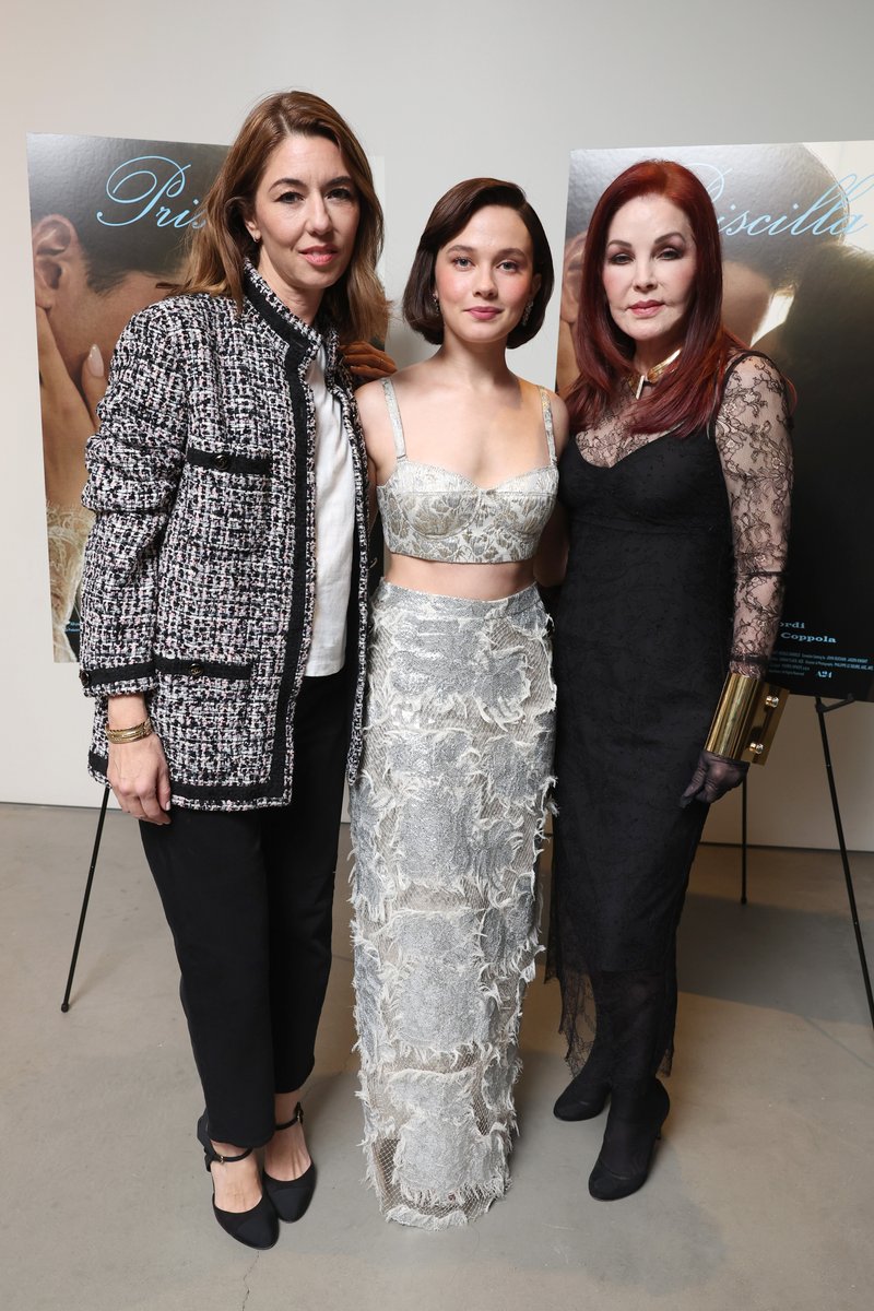 Sofia Coppola, Priscilla Presley and Cailee Spaeny pose together at screening of PRISCILLA in Los Angeles