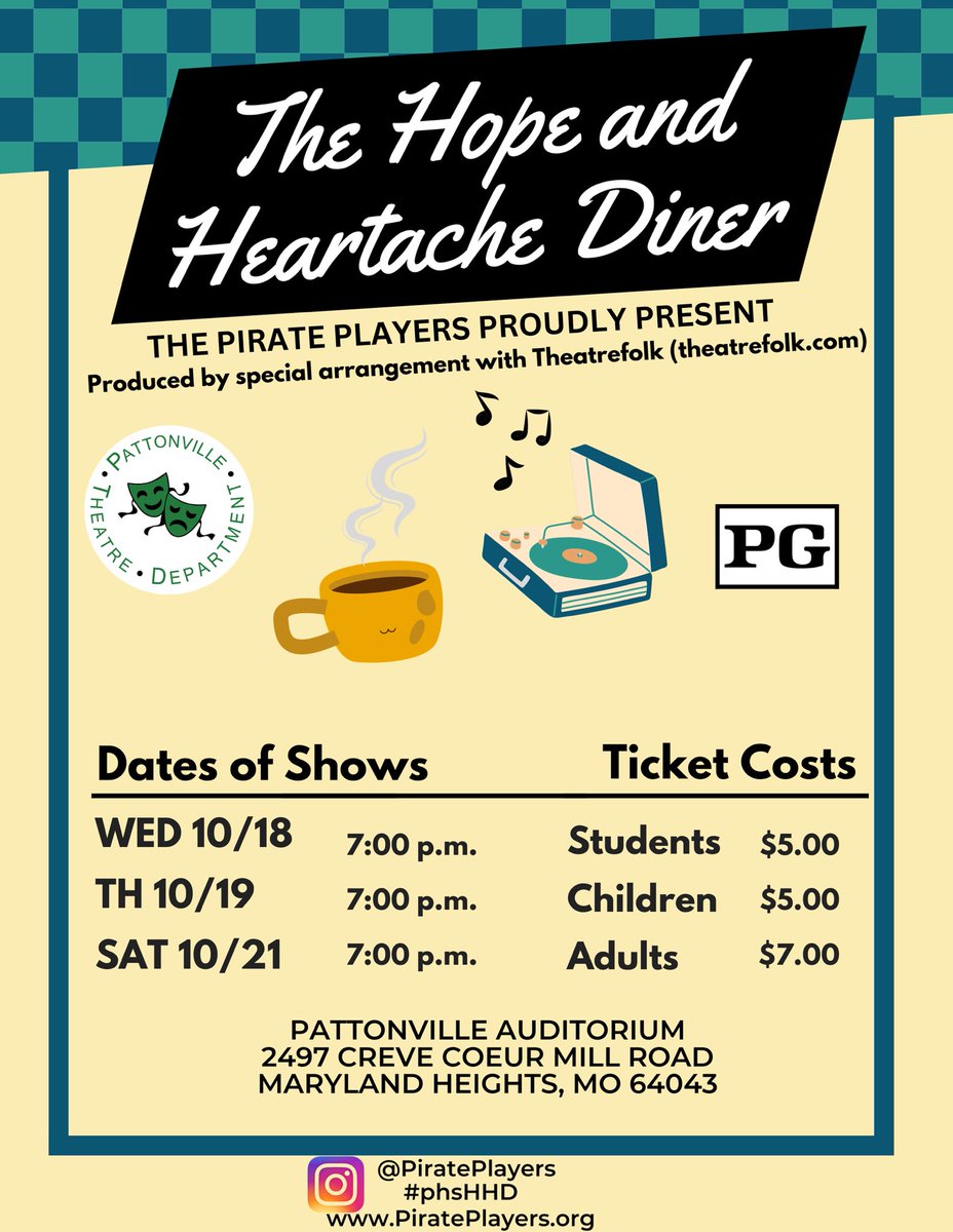 Pattonville Schools (@pattonvillesd) on Twitter photo 🎭 The <a href="/Pattonville_HS/">Pattonville HS</a> @pirateplayers present the 2023 fall play, "The Hope and Heartache Diner.”
Reserve your tickets online (pirateplayers.org/box-office)
📆 Dates:
Oct. 18, 19 and 21 at 7 p.m.
🎟️ Tickets:
Students and children: $5
Adults: $7
🏫 Location:
Pattonville Auditorium 🎭 The <a href="/Pattonville_HS/">Pattonville HS</a> @pirateplayers present the 2023 fall play, "The Hope and Heartache Diner.”
Reserve your tickets online (pirateplayers.org/box-office)
📆 Dates:
Oct. 18, 19 and 21 at 7 p.m.
🎟️ Tickets:
Students and children: $5
Adults: $7
🏫 Location:
Pattonville Auditorium