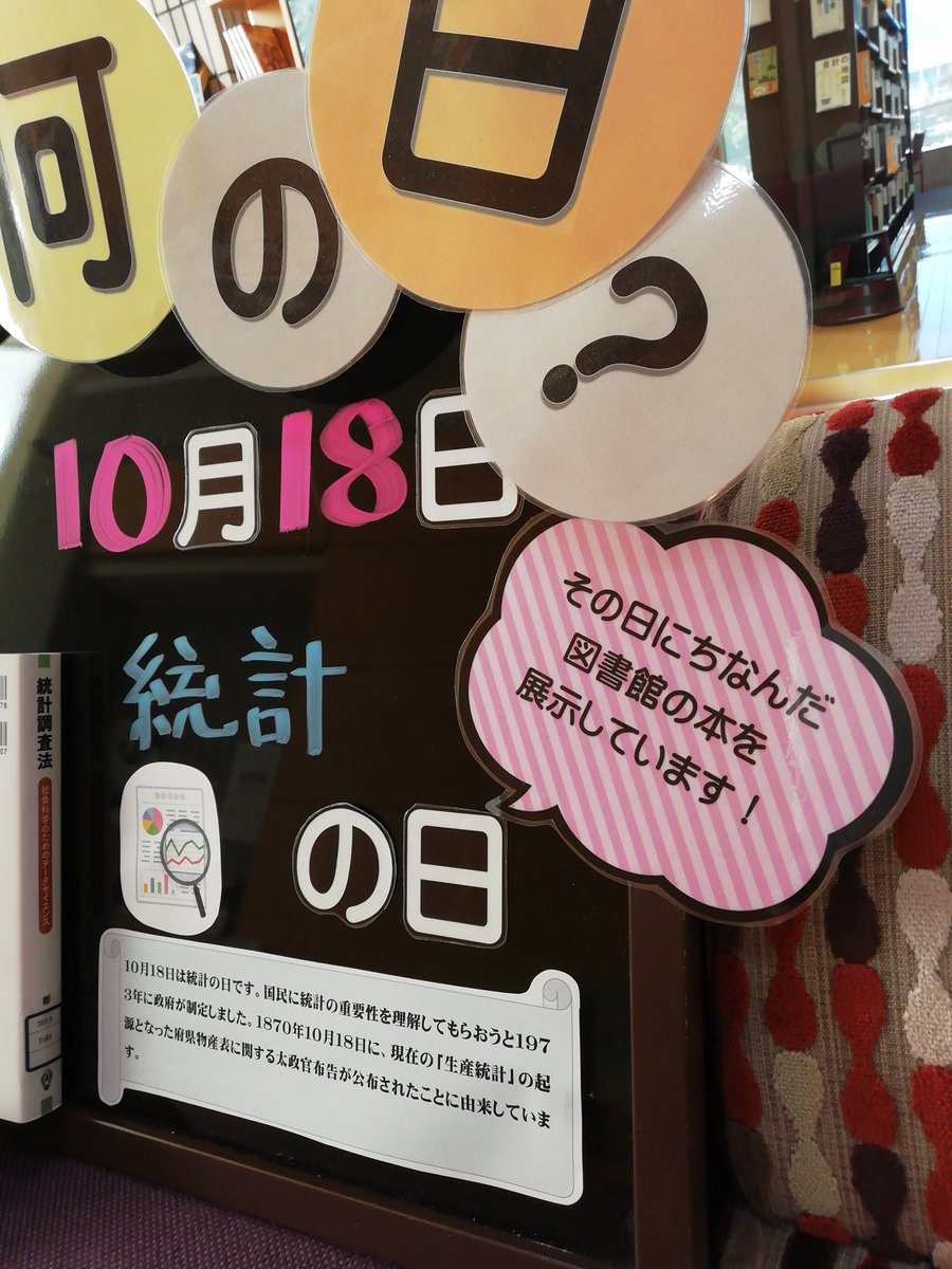 10月18日は統計の日です。国民に統計の重要性を理解してもらおうと1973年に政府が制定しました。1870年10月18日に、現在の「生産統計」の起源となった府県物産表に関する太政官布告が公布されたことに由来しています。
関連書籍「統計調査法」(361.9/Te21)をぜひご覧ください。