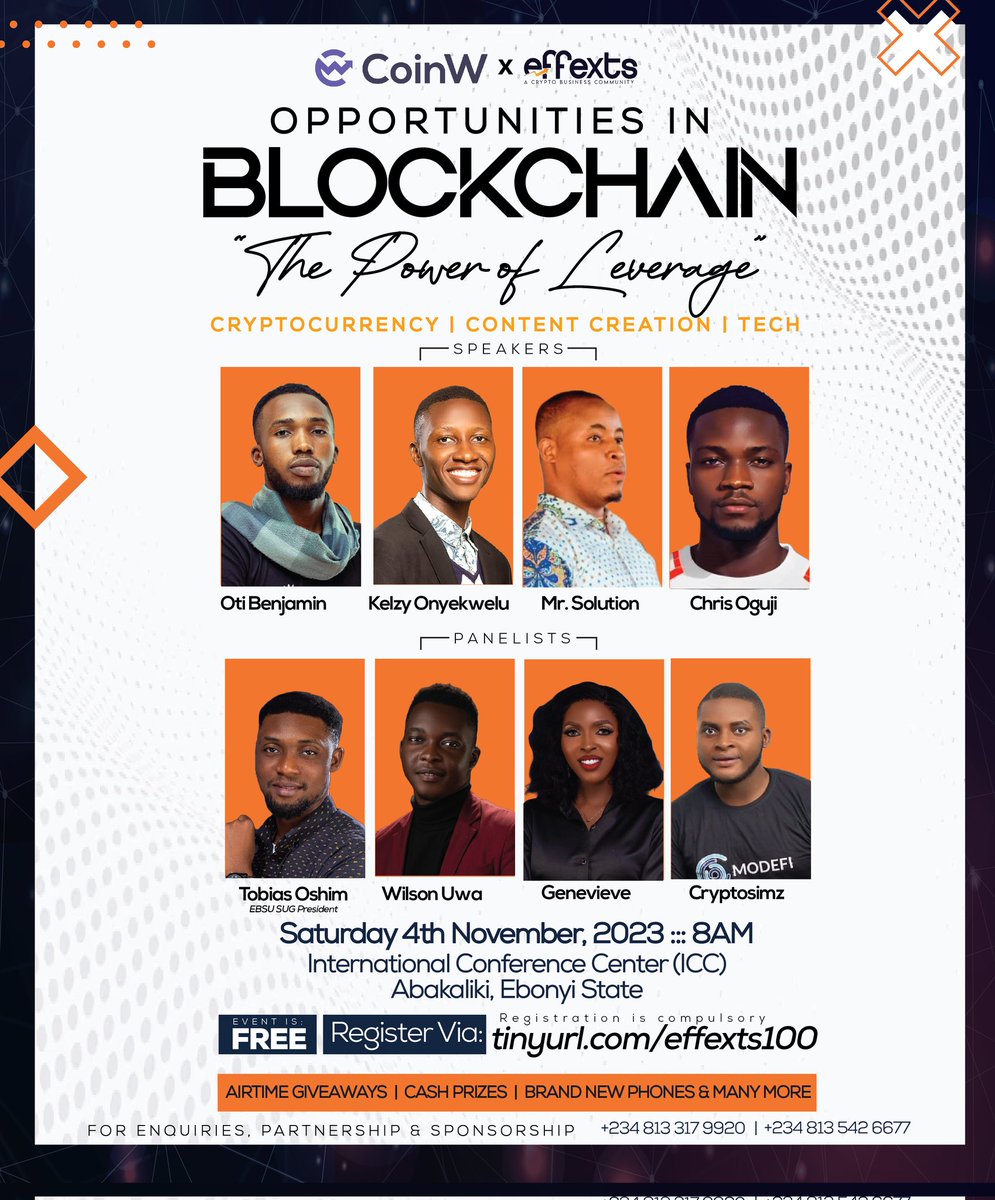 Otibenjamin10's tweet photo. THE BIGGEST BLOCKCHAIN | CONTENT CREATION & TECH EVENT IN EBONYI STATE, NIGERIA.
There are countless opportunities waiting for you
๐ Join us for a journey into the world of Blockchain | Content Creation | Tech..
๐https://t.co/s6hTxYbBQL
#Effexts #Blockchain #Opportunities https://t.co/g50FWcuf45